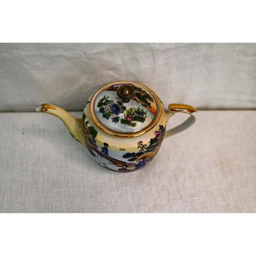 Vintage Japanese Tea Pot Hand Painted Landscape Mount Fuji Gold Trim Yellow Blue